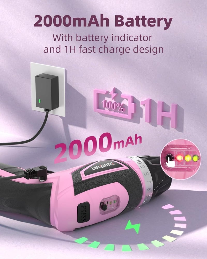 DuroFort Cordless Electric Screwdriver Set, 8V 10Nm Rechargeable Power Electric Drill, Battery Screw Gun with Driver Bit, 320RPM/10+1 Torque, 2 Position Handle, Flexible Shaft LED Light (Pink, 39Pcs) - Image 5